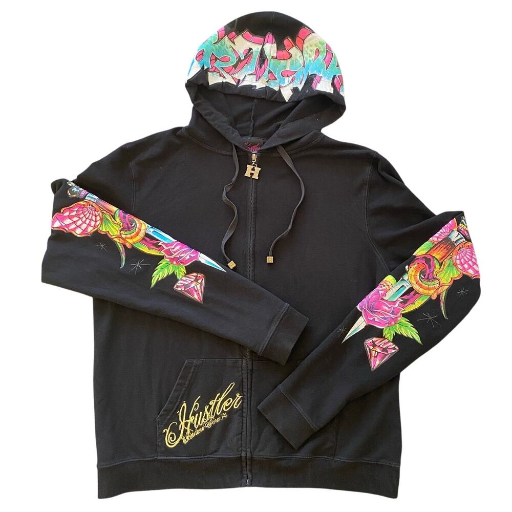 Vintage Y2K Hustler Zip Hoodie Hardcore Since 1974 Tattoo Art Graffiti Size XL